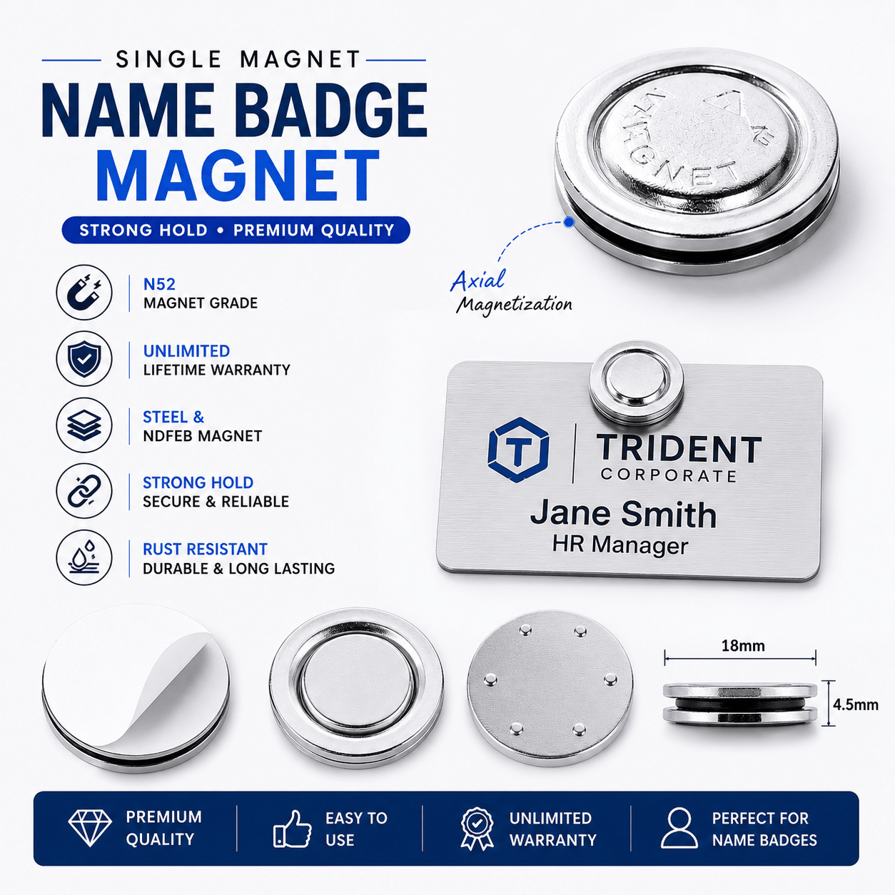 Name Badge Single Magnet Heavy-Duty – Round Silver Steel - Image 2